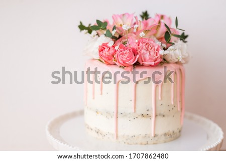 Home made decorate beautiful flowers cakes on wood background for Valentine Day Birthday Wedding and Festive selective focus and copy space