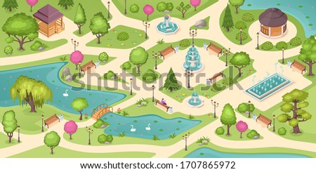 City park summer, isometric vector background with trees, lawns and fountains. Empty urban city park landscape, people sitting on bench, gazebo pavilions, flowerbeds and swans in pond with bridge