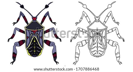 Coloring interesting bug with a color sample.Coloring book page.llustration of a bug.Black and white drawing.Decorative elements for design.