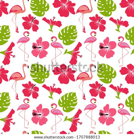 Vector Pattern of monstera leaves, flamingo, flowers hibiscus flower hawaii summer background. Vector illustration