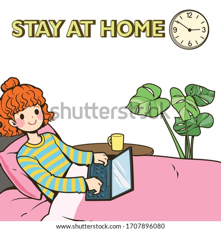 Vector illustration. The female characters sit and work on the pink bed. The letters "stay at home" at the top. Use for infographics and social media.