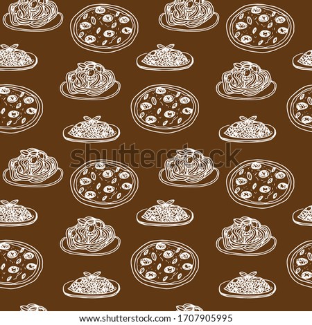 Italian food, seamless pattern, pasta, pizza and risotto, vector illustration, hand drawing, brown and white color