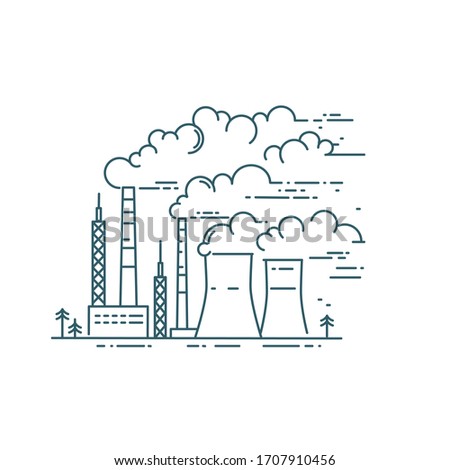 Smoke from industry smokestacks. Dangerous city air pollution vector linear illustration. Climate change. Environmental protection, ecology.  Royalty-Free Stock Photo #1707910456