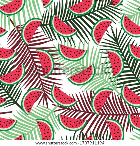 slice of red watermelon on a red, green and dark green palm leaves background pattern summer exotic tropical fruit hawaii sweet seamless vector