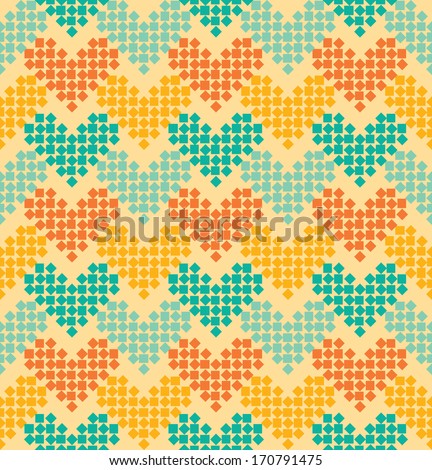 Seamless geometric pattern. Ornamental stripes. Heart shape composed of squares. Vector illustration.