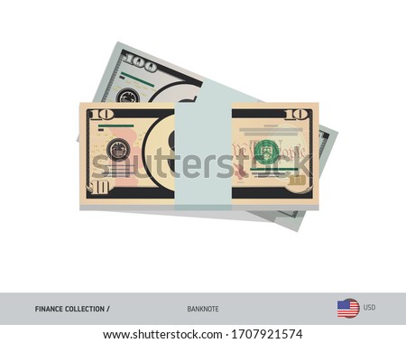 10 US Dollar banknotes. A bundle of money. Flat style vector illustration.