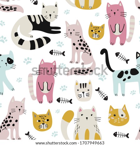 Seamless childish pattern with cute cats . Creative kids hand drawn texture  Vector illustration