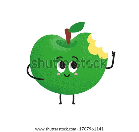 Apple with a bite. Cute green apple cartoon character vector illustration for kids. Healthy and happy fruit character with smiley face. Ideal for children gastronomy books. Waving apple.