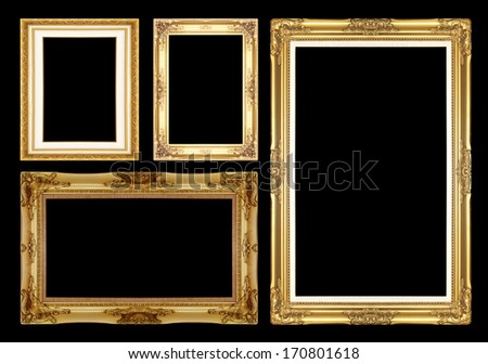  gold antique  picture frames. Isolated on black background