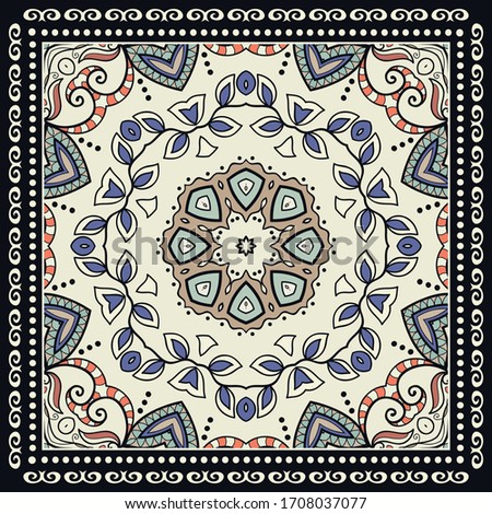 Decorative colorful ornament on black background, symmetric pattern with doodle lace frame. Tribal ethnic mandala decor. Bandana shawl, hijab, tablecloth fabric print, silk neck scarf, kerchief design