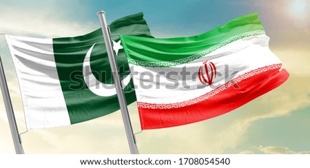 Pakistan and Iran friendship flag waving on the sky with beautiful sun light.