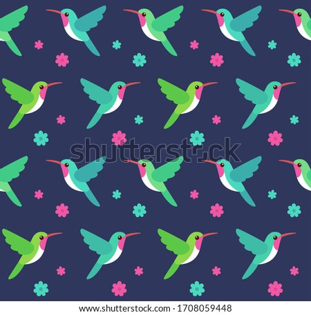 Hummingbirds and flowers seamless pattern. Floral background with colibri birds, tropical nature illustration.