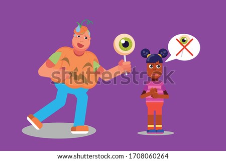 Halloween characters - An illustration of a little girl refuse candy from a fat kid wearing a pumpkin costume. This character illustration can use as a sticker also.