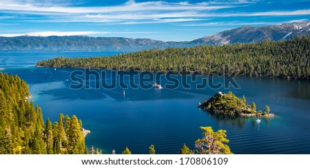 High angle view of an island in a lake, Emerald Bay, Lake Tahoe, California, USA