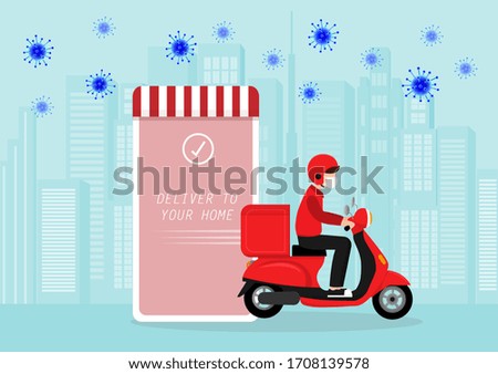 A vector concept design of a home delivery food service during Coronavirus outbreak on a city backround. Online food service.