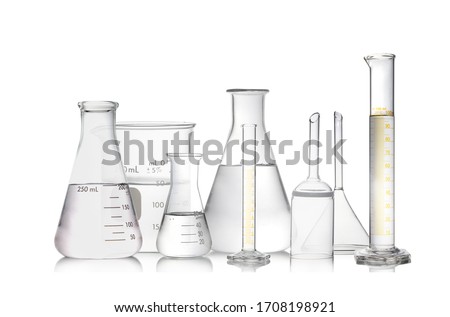 Set of laboratory glassware filled by colorless isolated on white background. Royalty-Free Stock Photo #1708198921