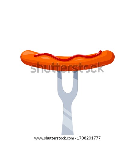 Sausage with ketchup on fork. Vector illustration isolated on white background