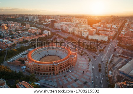 Madrid Plaza de Toros de Las Ventas (Las Ventas Bullring) aerial view with historical buildings in Spain. Royalty-Free Stock Photo #1708215502