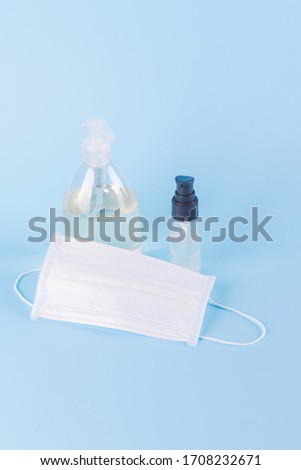 Protective kit for prevention of virus infection, gel hand sanitizer, white surgical mask, antibacterical soap. Self igiene concept, protect yourself for coronavirus