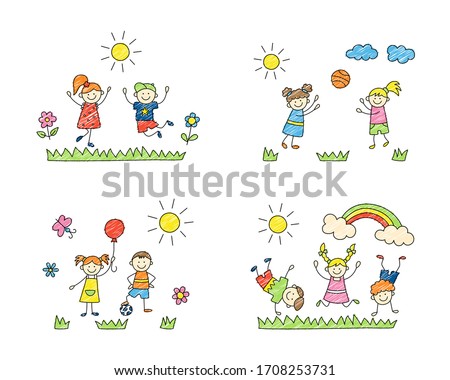 Happy children play on the grass. Cute doodle kids, boys and girls. A set of color isolated scenes. Hand drawn vector illustration on white background