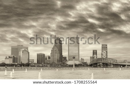 Jacksonville, Florida. Downtown city skyline on St. Johns River at sunset, USA.
