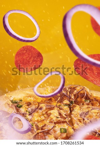 Traditional italian fresh baked pizza with copy space for design or text, ideal for restaurant menu or advertising. Colored background, steamy food.