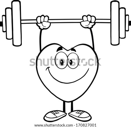 Black And White Smiling Heart Cartoon Mascot Character Lifting Weights. Vector Illustration Isolated on white