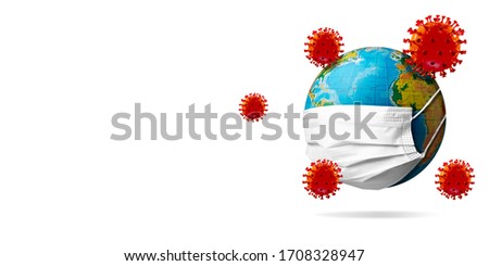Model of COVID-19 coronavirus colored red spreading near around planet Earth wearing face mask, concept of pandemic spreading, medicine and healthcare. Epidemic, quarantine and isolation, protection.