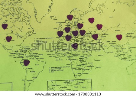 Political map of the world with red hearts on the countries.