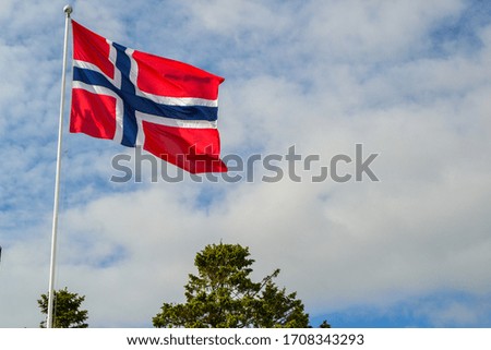 A Norwegian flag on flagpole, blowing in the wind