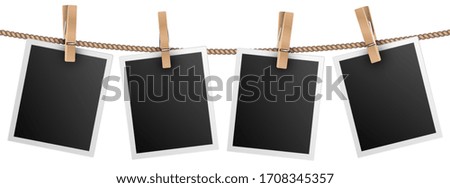 Retro photo frames hanging on rope isolated on white background illustration