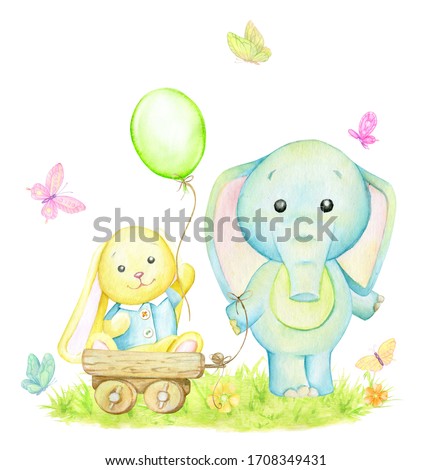 Bunny, yellow, elephant, blue, balloon, butterflies. Watercolor concept on an isolated background. Cute animals, cartoon style.