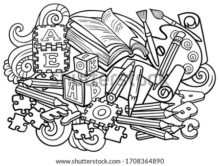 Cartoon cute doodles hand drawn kids toys illustration. Many objects vector background. Funny artwork. 
