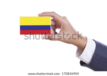 Businessman holding a business card with Colombia Flag 