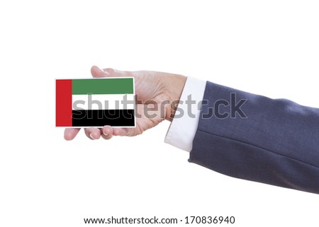 Businessman holding a business card with United Arab Emirates Flag 