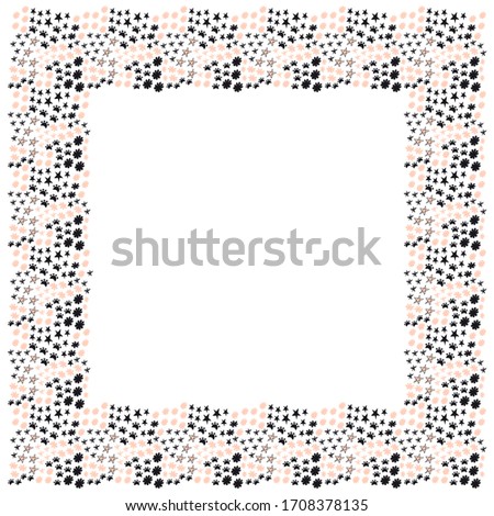 A square frame in the Scandinavian style of stars, cat's footprints, blots in floral forms in black and pink colors on a white background. Isolated template with place for text. Copy space. Vector