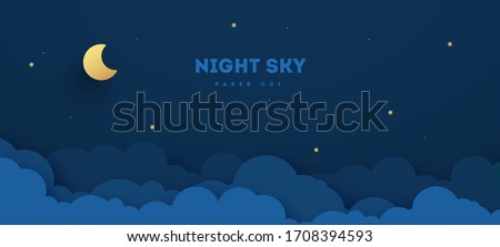 Paper cut night sky. Dreamy background with moon stars and clouds, abstract fantasy background. Vector origami styling design backdrop illustration.