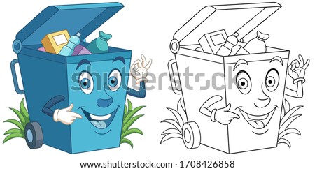 Cartoon trash can full of garbage. Coloring page and colorful clipart character. Cute design for t shirt print, icon, logo, label, patch or sticker. Vector illustration.