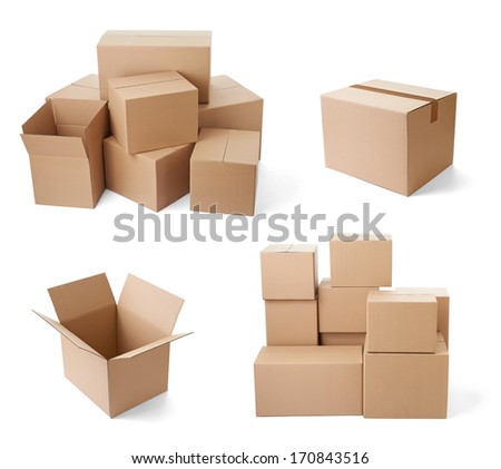 collection of various cardboard boxes on white background. each one is shot separately