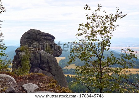 The Hominid (Małpolud) rock formation nearby Szczeliniec Wielki peak in Table Mountains, Poland
