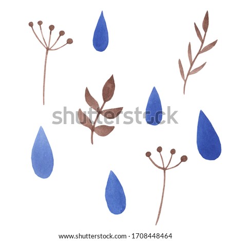 Watercolor pattern. Blue raindrops and brown leaves. For decoloring houses (textiles, wallpapers). To create cards and books.