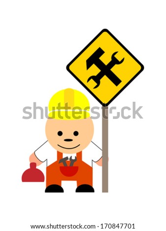 Cartoon mechanic with sign under construction