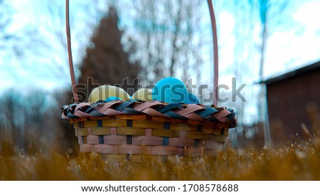 Easter Basketball Filled With Eggs Shot At A Low Angle