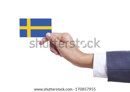 Businessman holding a business card with Sweden Flag with using path