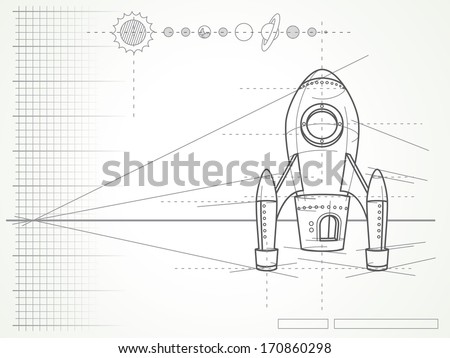 blueprint with spaceship scheme and planets - vector illustration