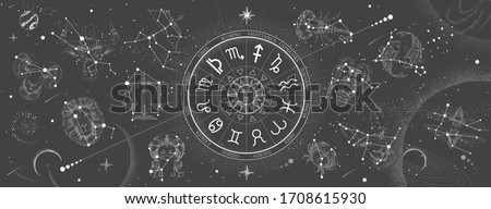Astrology wheel with zodiac signs on constellation map background. Realistic illustration of  zodiac signs. Horoscope vector illustration Royalty-Free Stock Photo #1708615930
