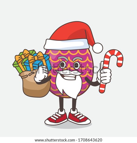 An illustration of Easter Egg cartoon mascot character in Santa costume with candy