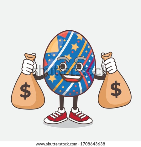 An illustration of Easter Egg cartoon mascot character holding money bags