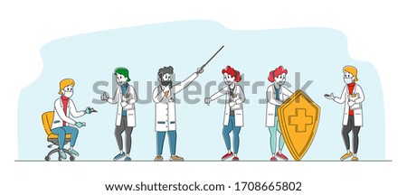 Hospital Healthcare Staff, Doctors in Medical coats with Syringe, and Clipboards. Characters in Uniform Holding Huge Shield. Clinic, Medicine Profession, Occupation. Linear People Vector Illustration
