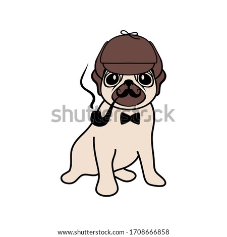 Pug Sherlock Holmes with cap, pipe, mustache, bow tie. Hand drawn  home pet dog vector illustration with saying. Isolated element on white background. Card, poster, flyer, t-shirt, mug surface design